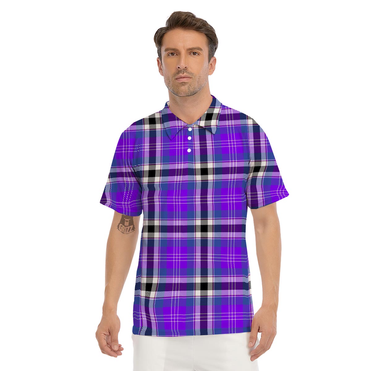 Black Purple Plaid Tartan Men's Golf Shirts-grizzshop