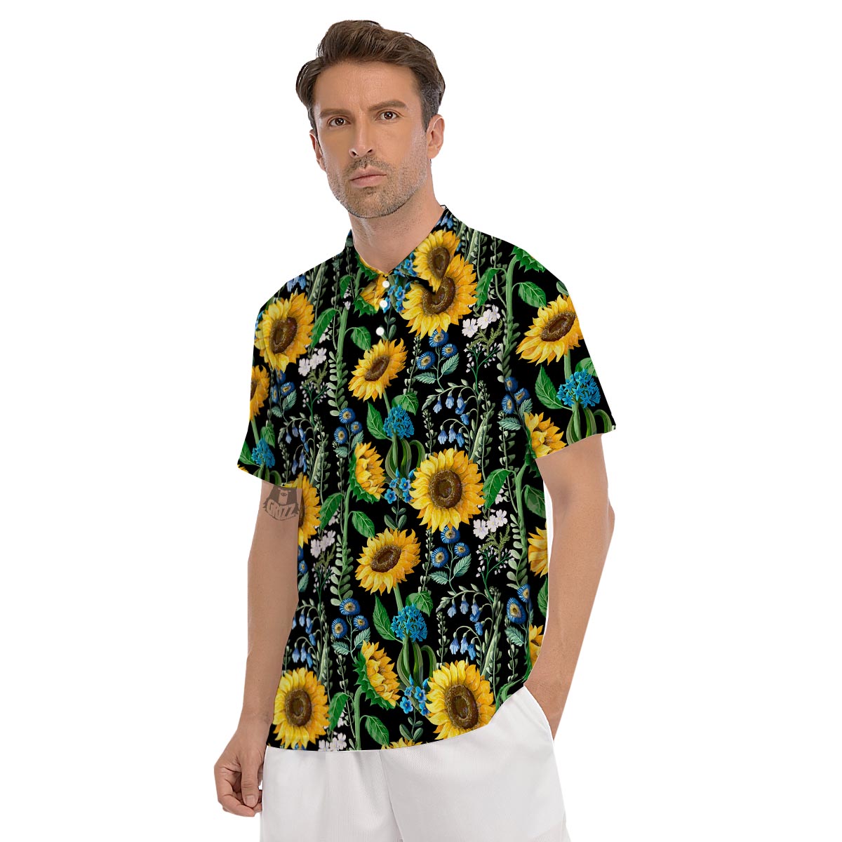 Black Sunflower Floral Men's Golf Shirts-grizzshop