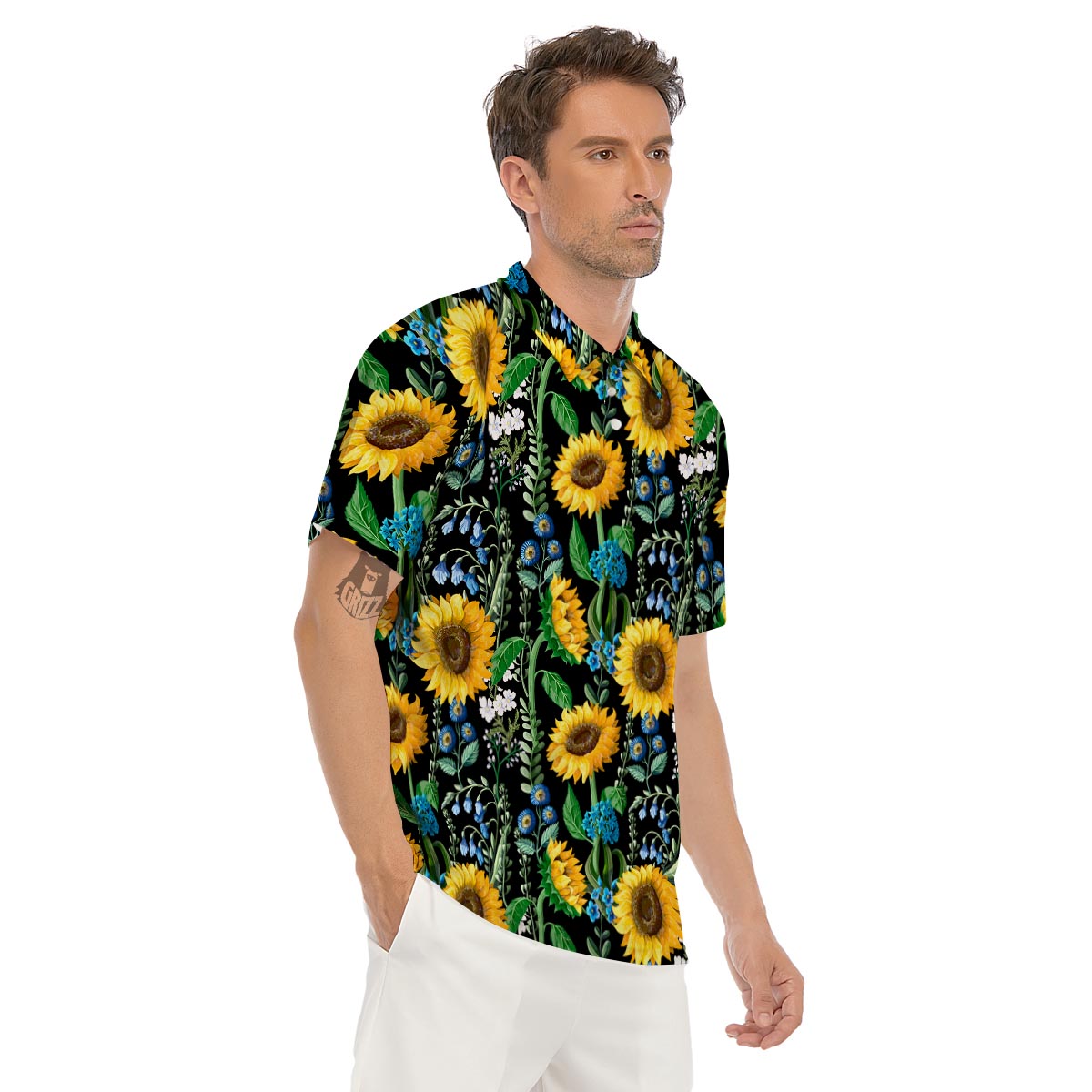 Black Sunflower Floral Men's Golf Shirts-grizzshop