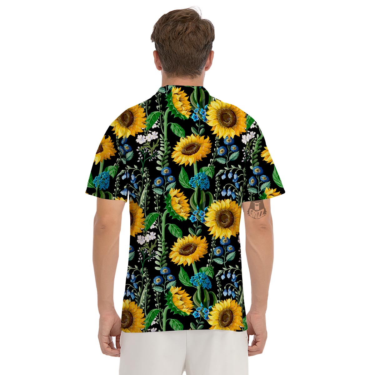 Black Sunflower Floral Men's Golf Shirts-grizzshop