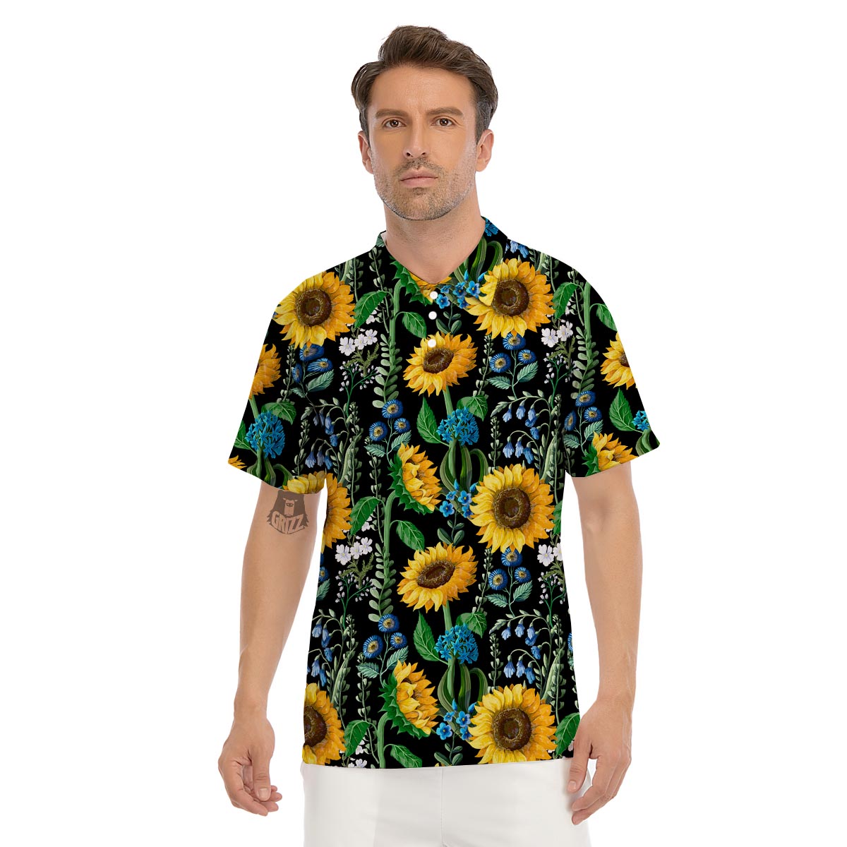 Black Sunflower Floral Men's Golf Shirts-grizzshop