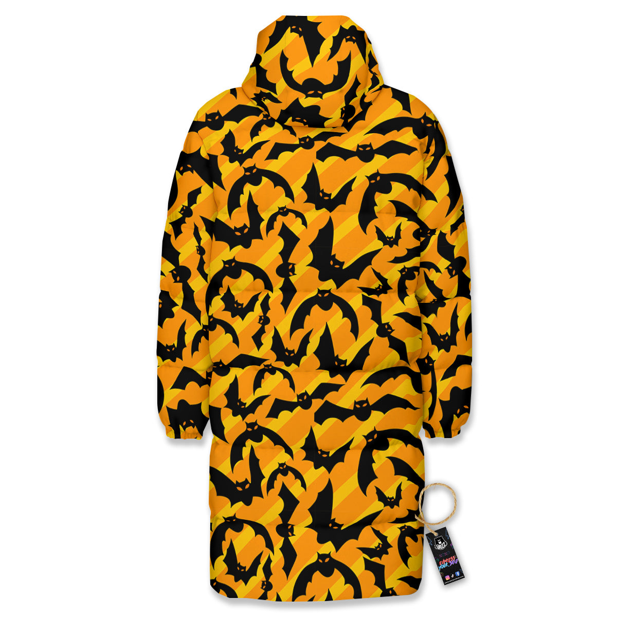 Black Bat And Orange Striped Print Pattern Long Down Jacket