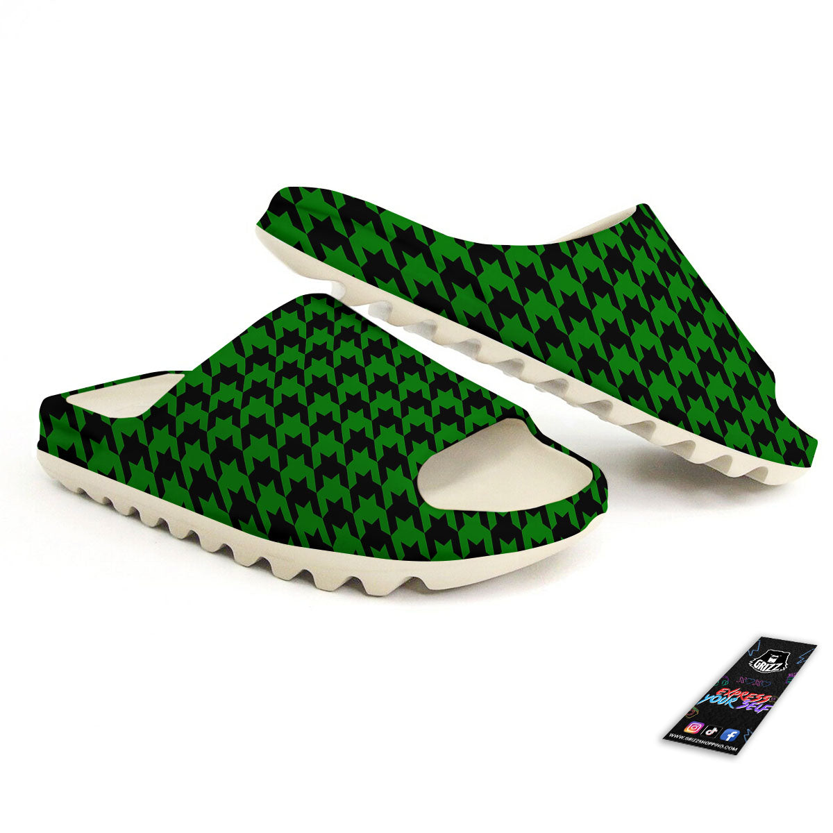 Black Green Jungle Houndstooth Print Sandals-grizzshop