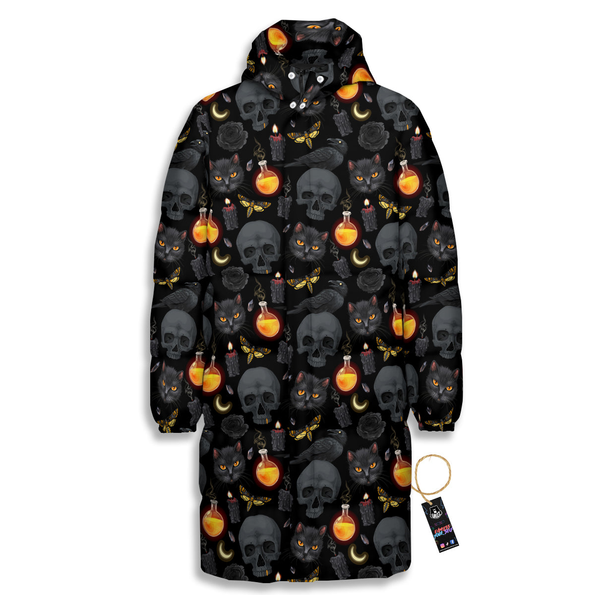 Black Head Cat Raven And Skull Print Pattern Long Down Jacket