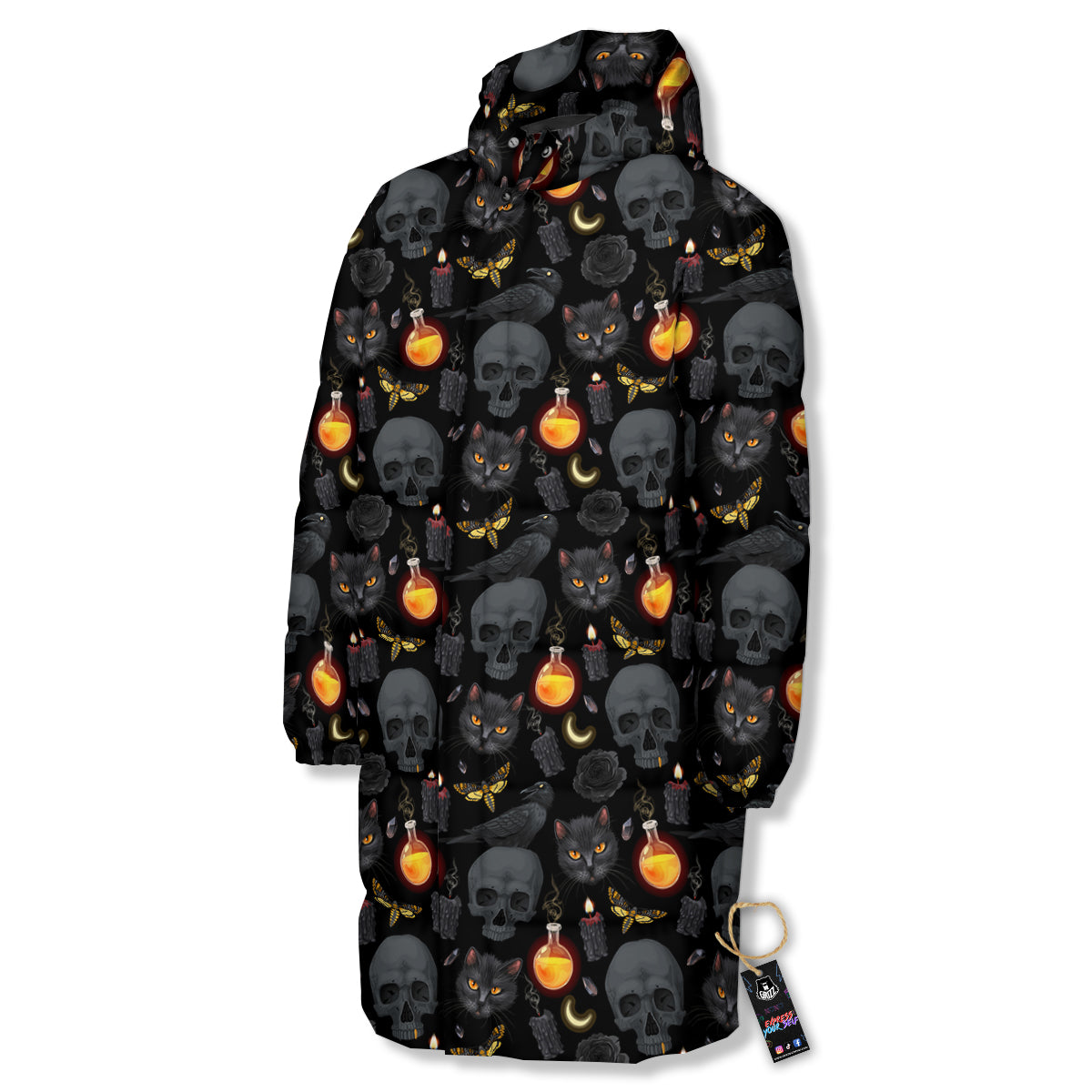 Black Head Cat Raven And Skull Print Pattern Long Down Jacket