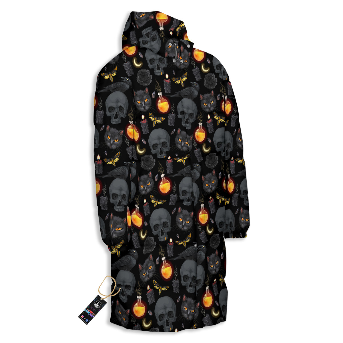 Black Head Cat Raven And Skull Print Pattern Long Down Jacket