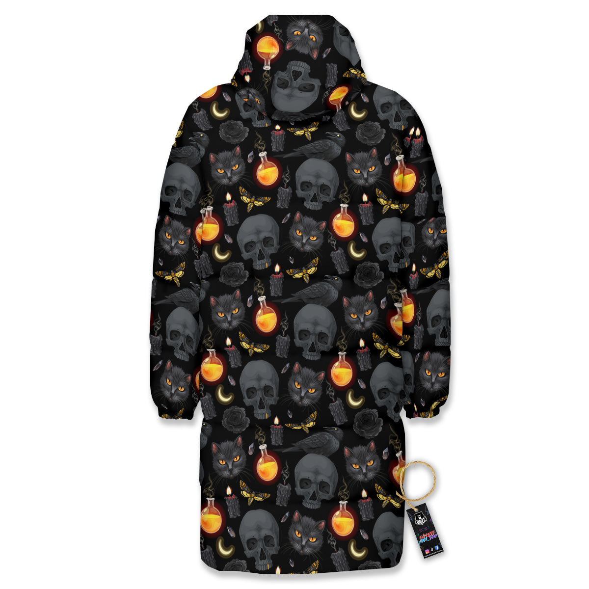 Black Head Cat Raven And Skull Print Pattern Long Down Jacket