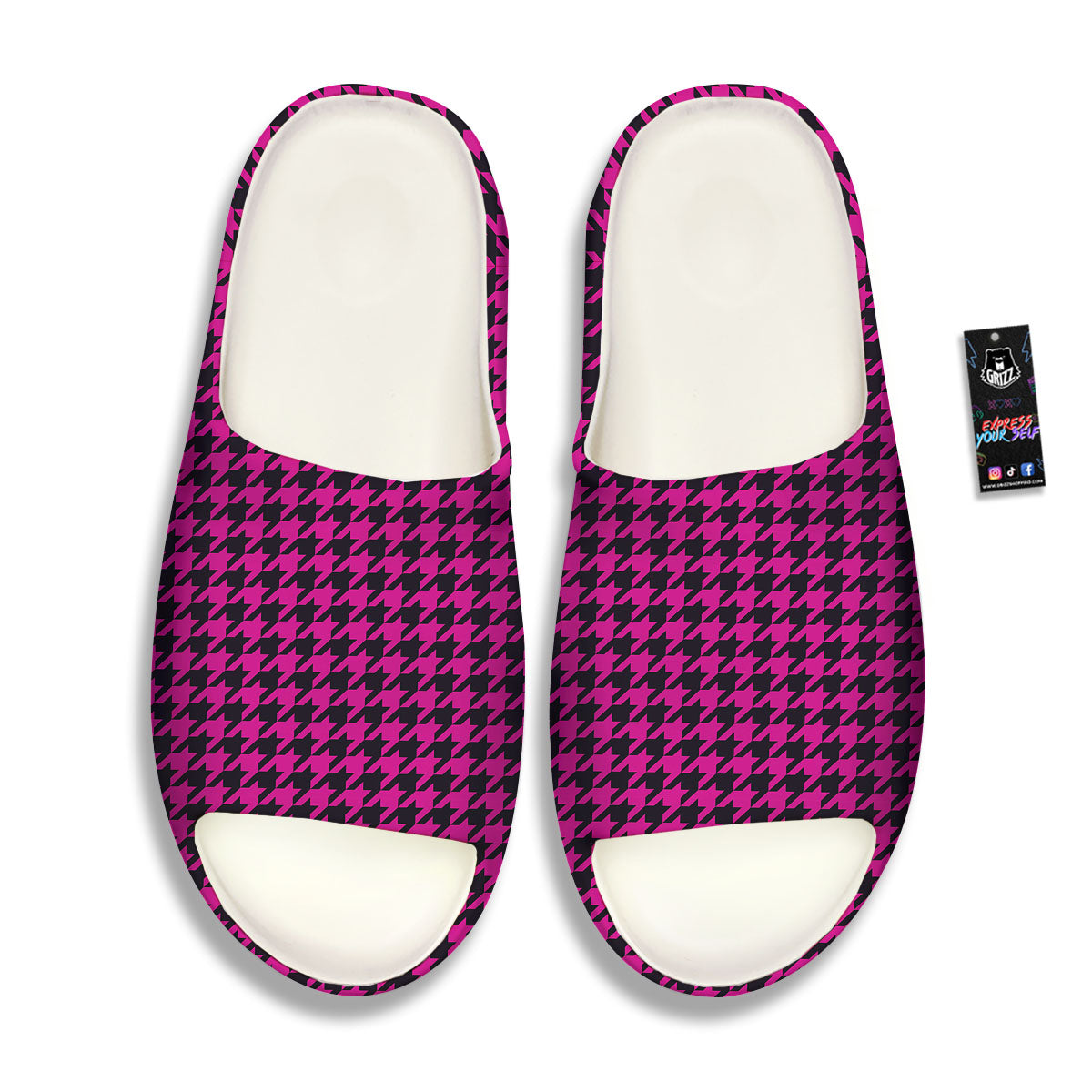 Black Houndstooth And Hot Pink Print Sandals-grizzshop