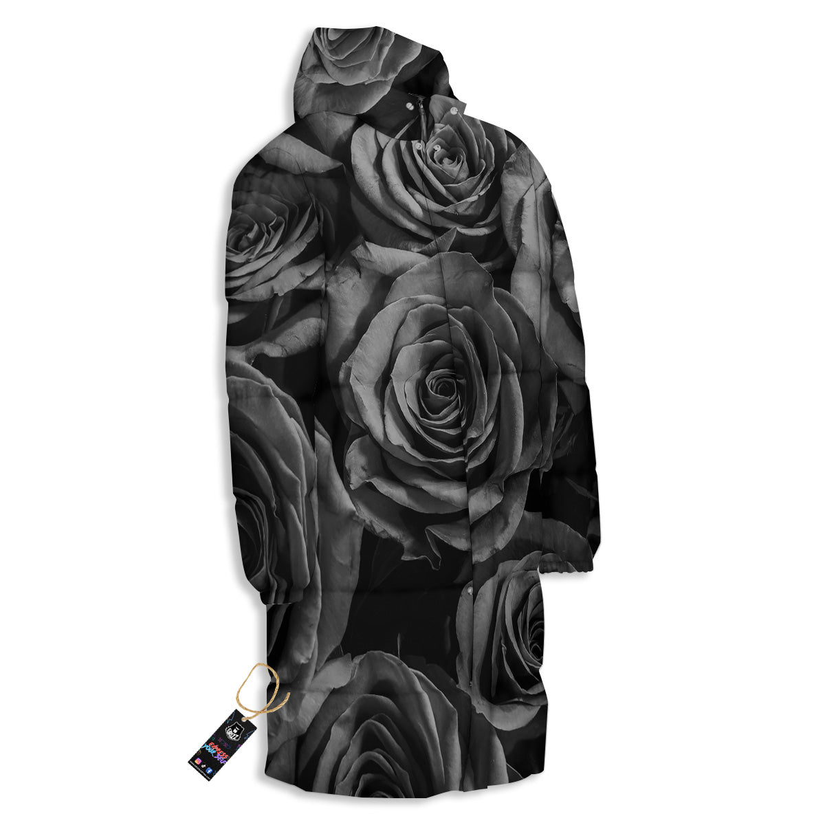 Black Rose Print Long Down Jacket