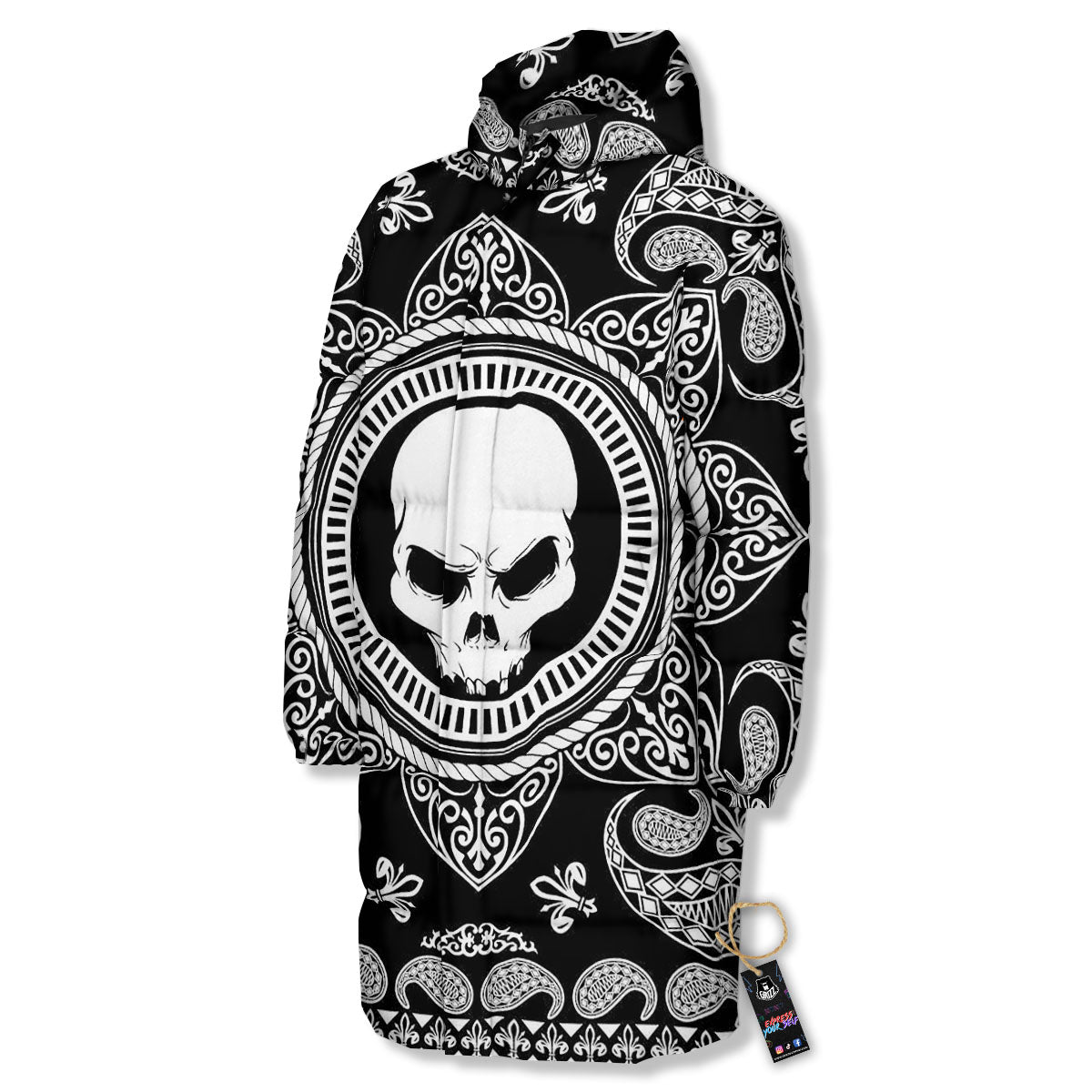 Black Skull Bandana Print Long Down Jacket