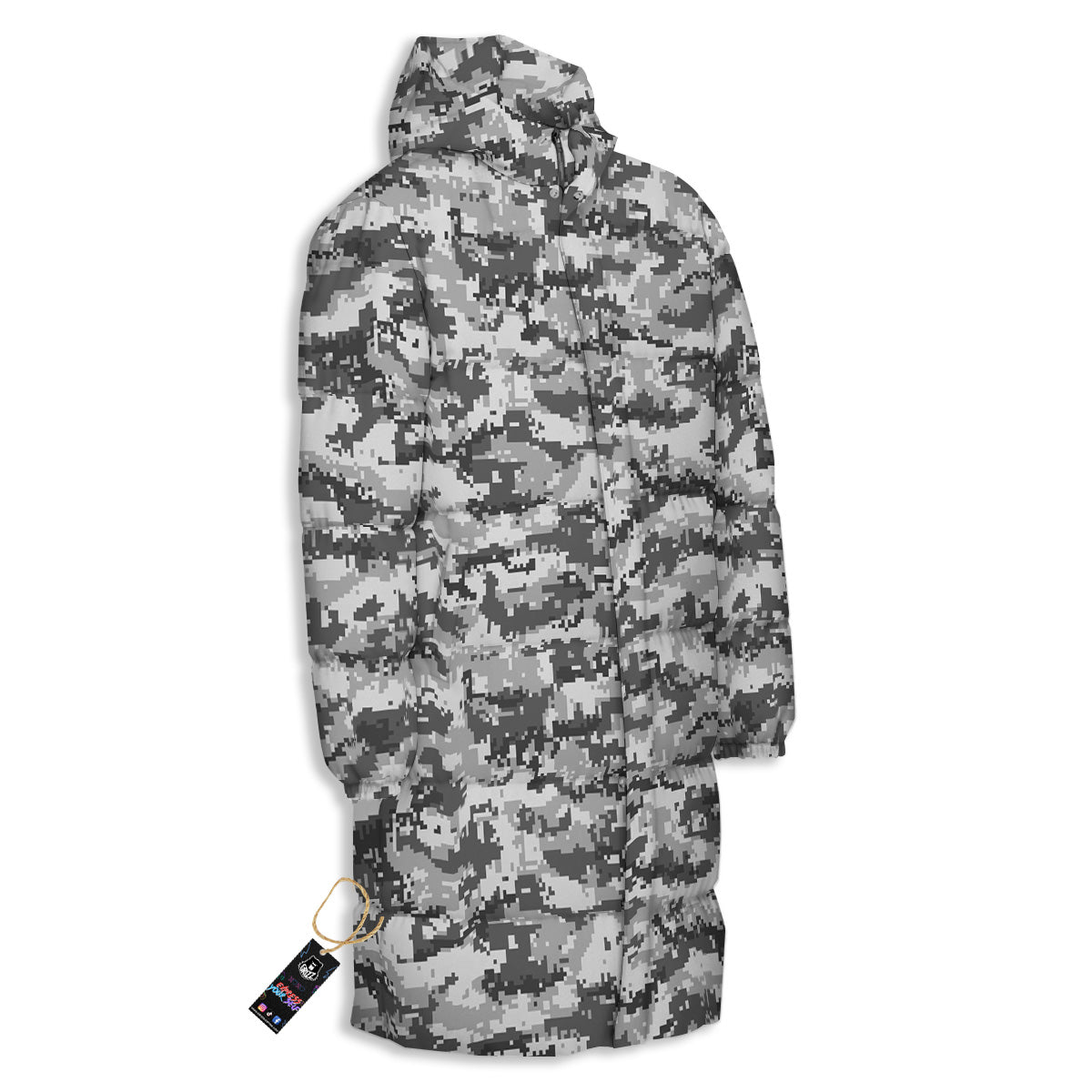Black White And Grey Digital Camo Print Long Down Jacket