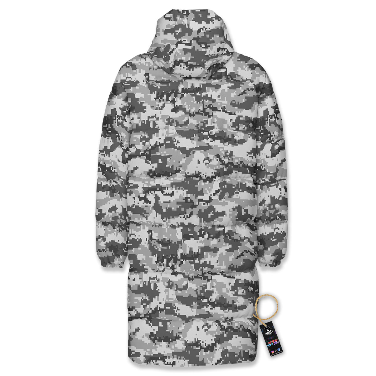 Black White And Grey Digital Camo Print Long Down Jacket