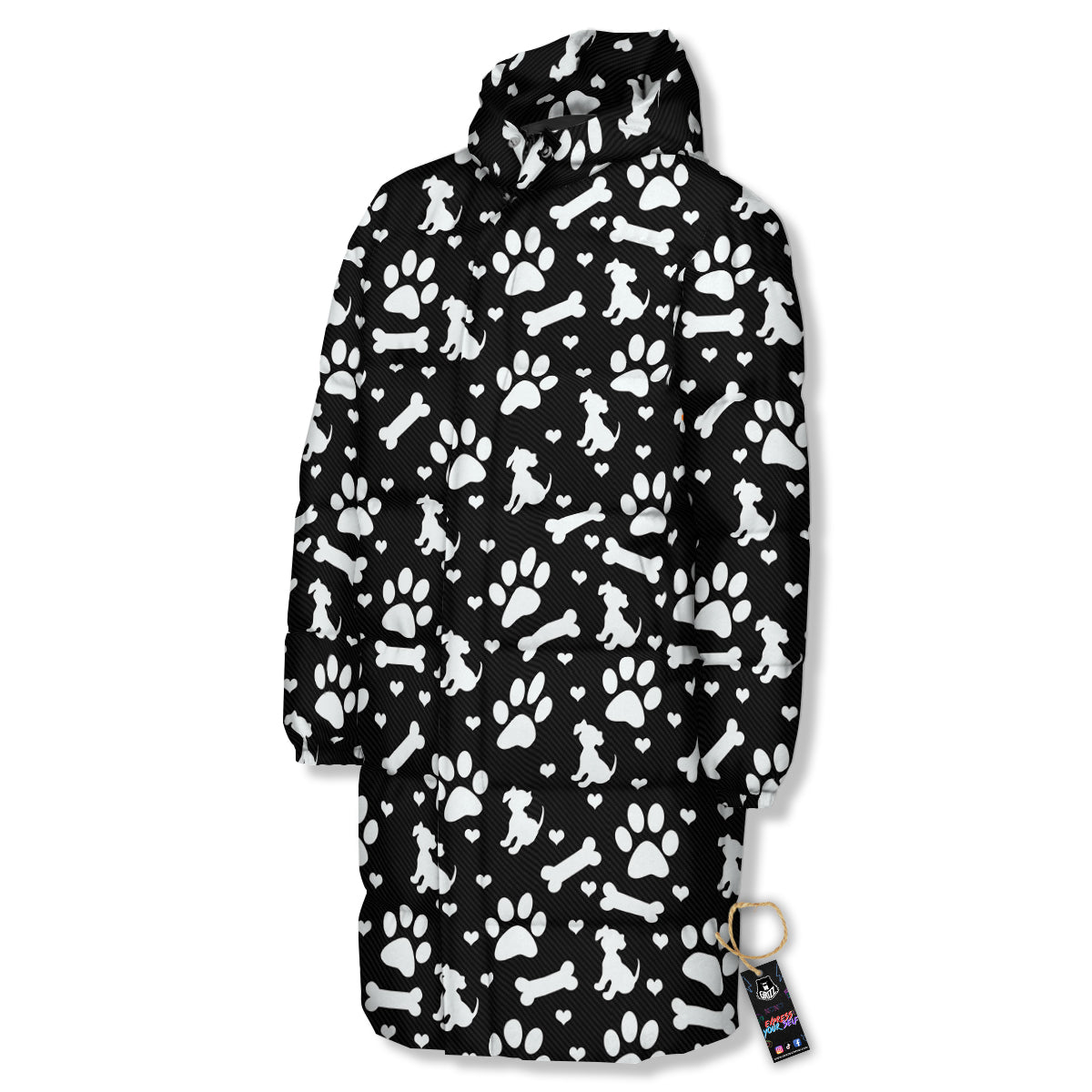 Black and White Dog Paw Print Pattern Long Down Jacket