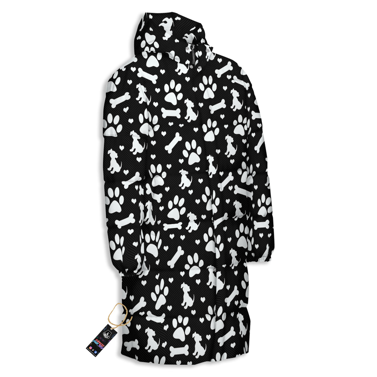 Black and White Dog Paw Print Pattern Long Down Jacket