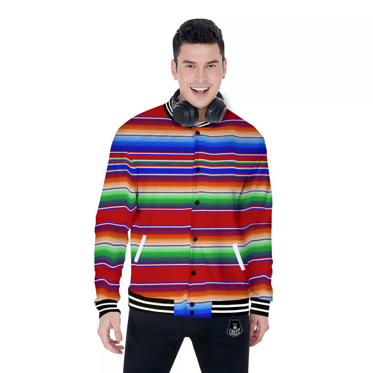 Blanket Stripe Ethnic Mexican Print Baseball Jacket-grizzshop