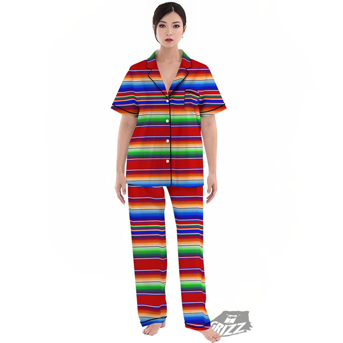 Blanket Stripe Ethnic Mexican Print Women's Pajamas Set-grizzshop