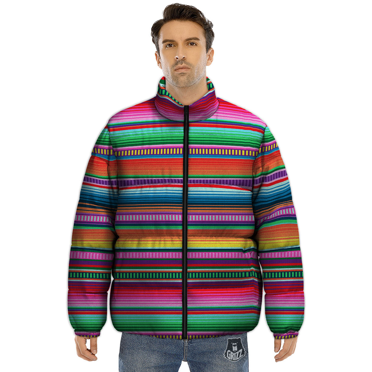 Blanket Stripe Ethnic Serape Print Puffer Jacket-grizzshop