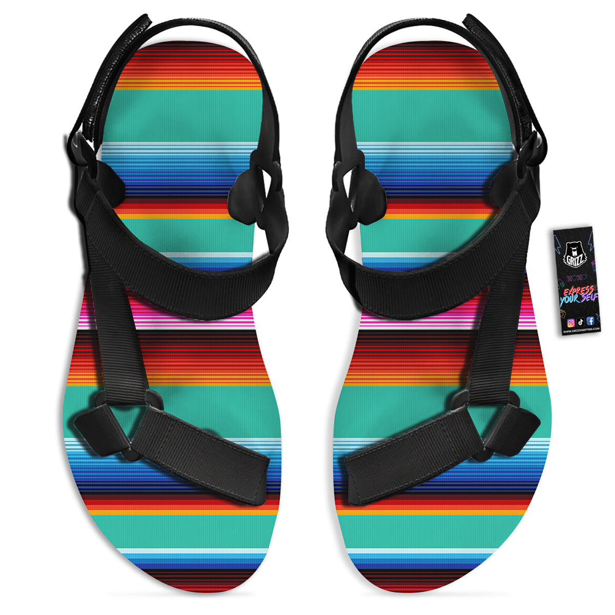 Blanket Stripes Cinco De Mayo Print Black Open Toe Sandals-grizzshop