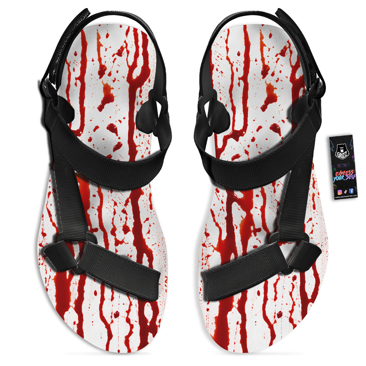 Blood Drip Print Black Open Toe Sandals-grizzshop