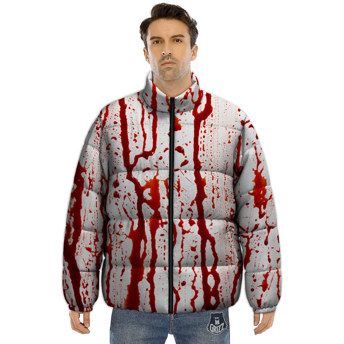 Blood Drip Print Puffer Jacket-grizzshop