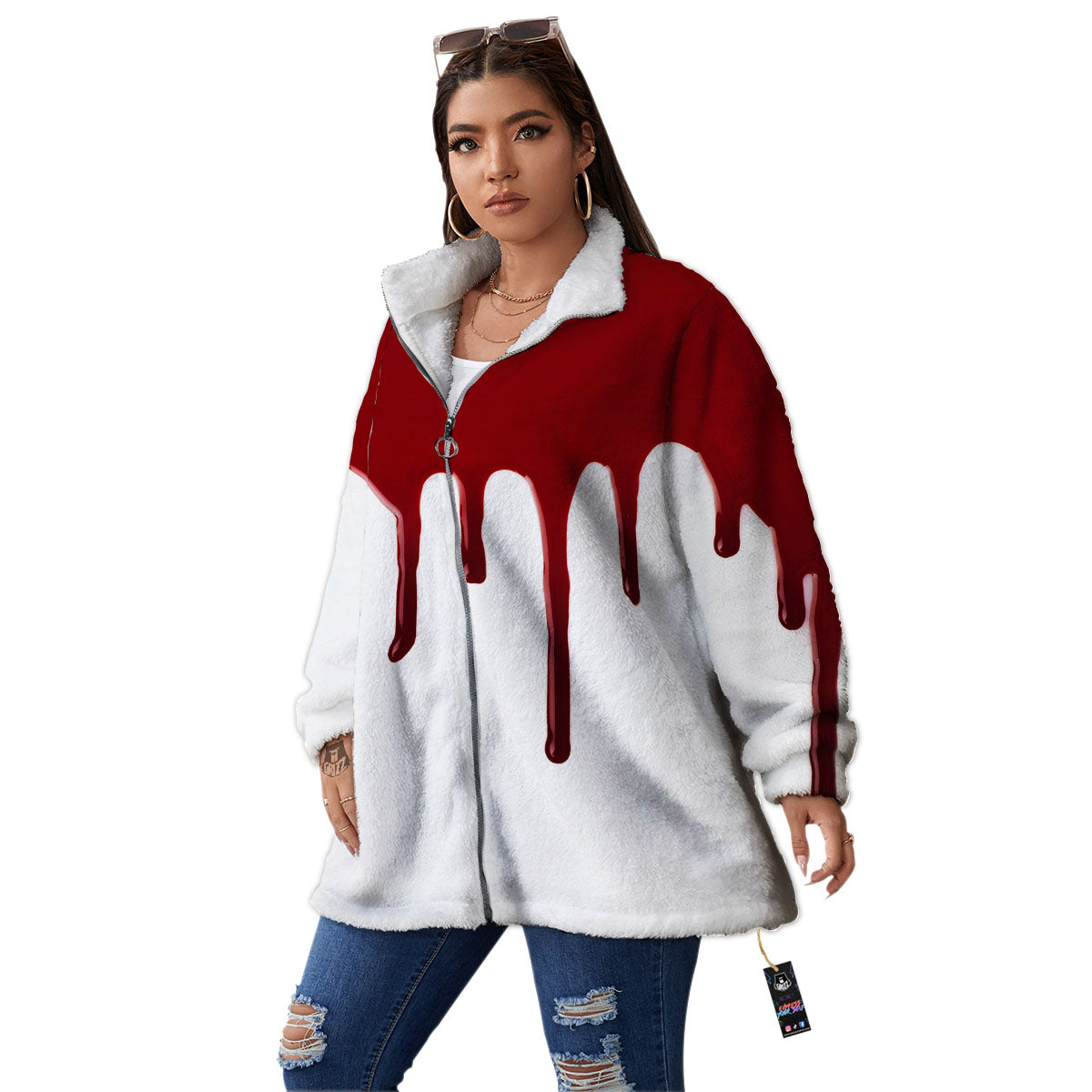 Blood Flowing Red Print Women's Sherpa Jacket-grizzshop