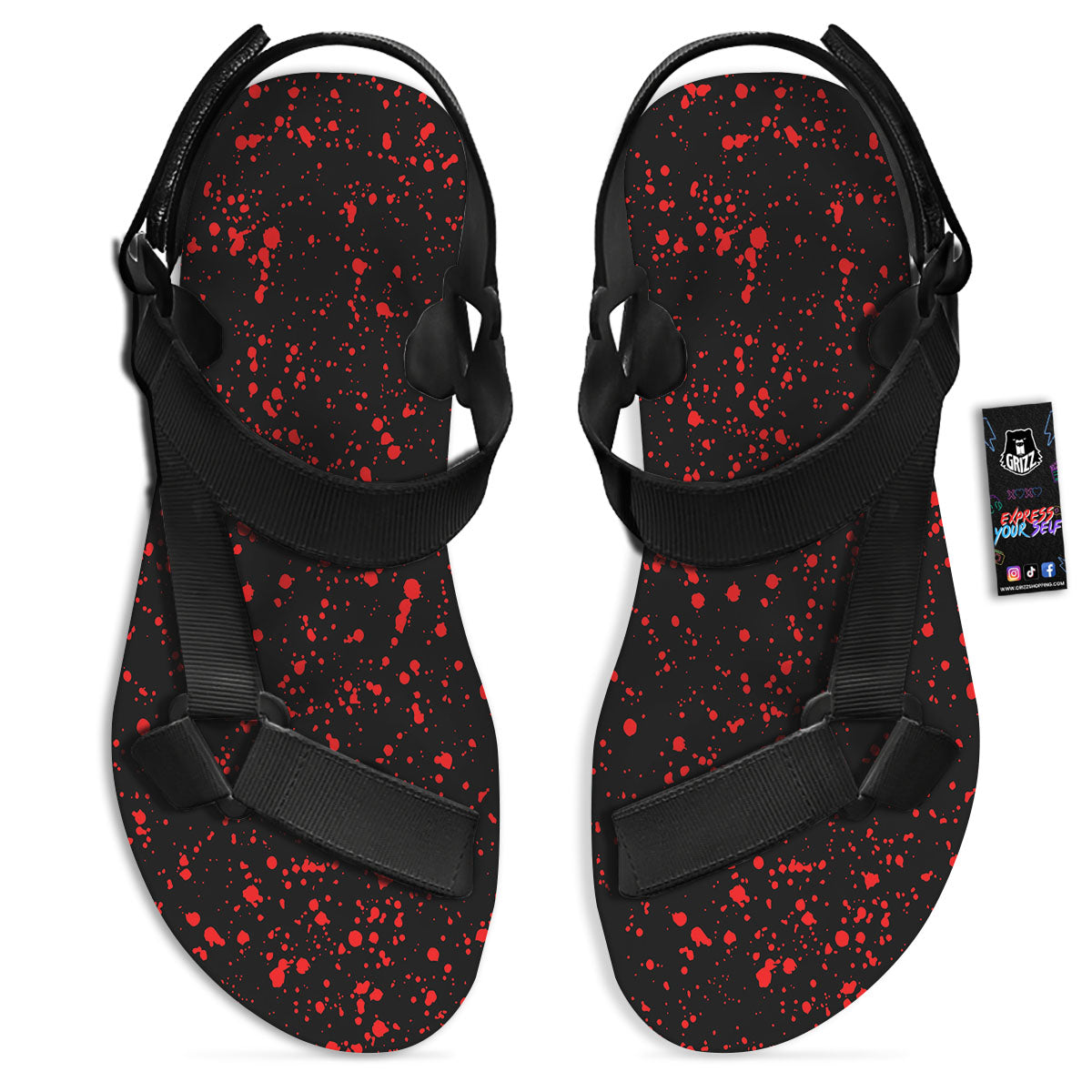 Blood Red Print Pattern Black Open Toe Sandals-grizzshop