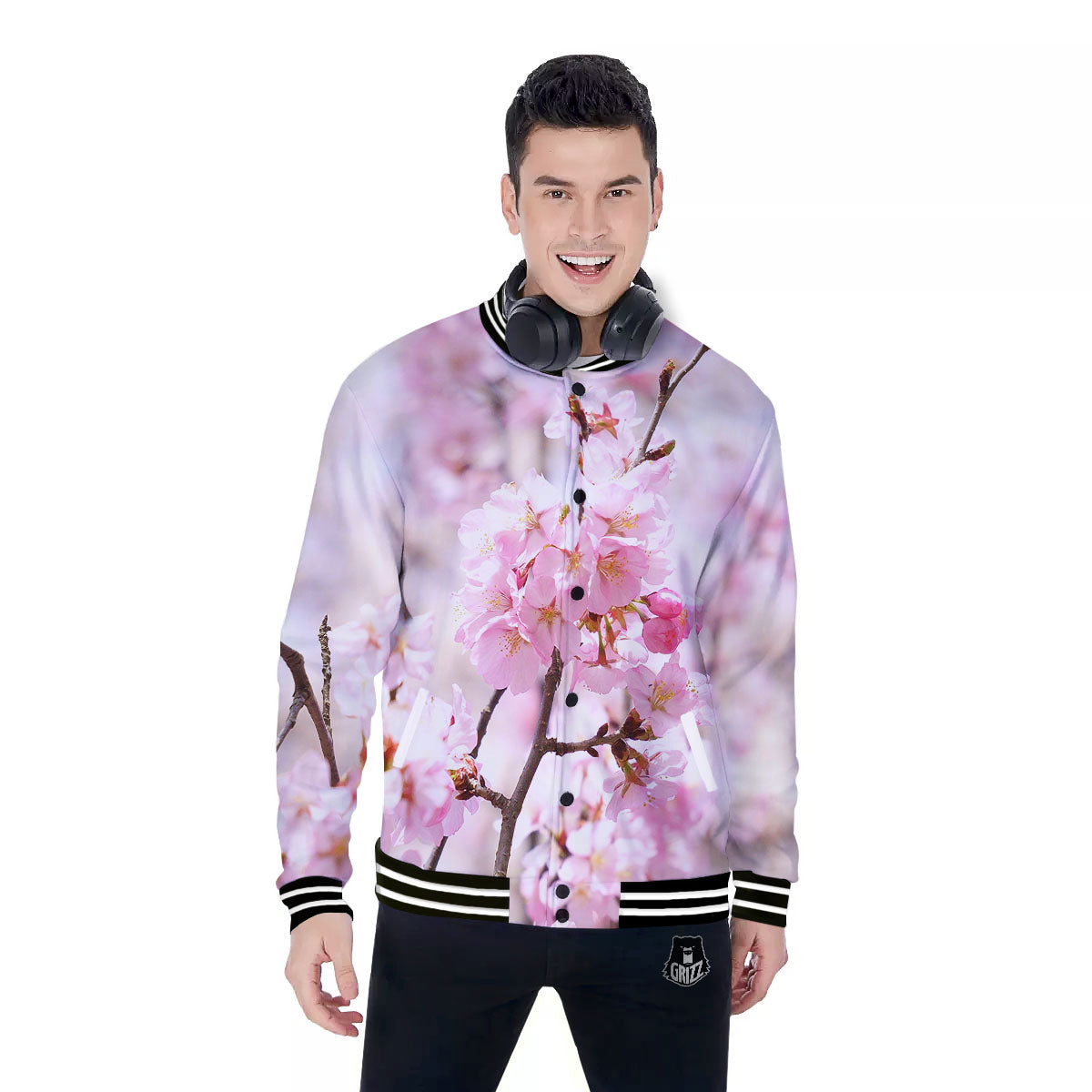Blossom Spring Cherry Print Baseball Jacket-grizzshop
