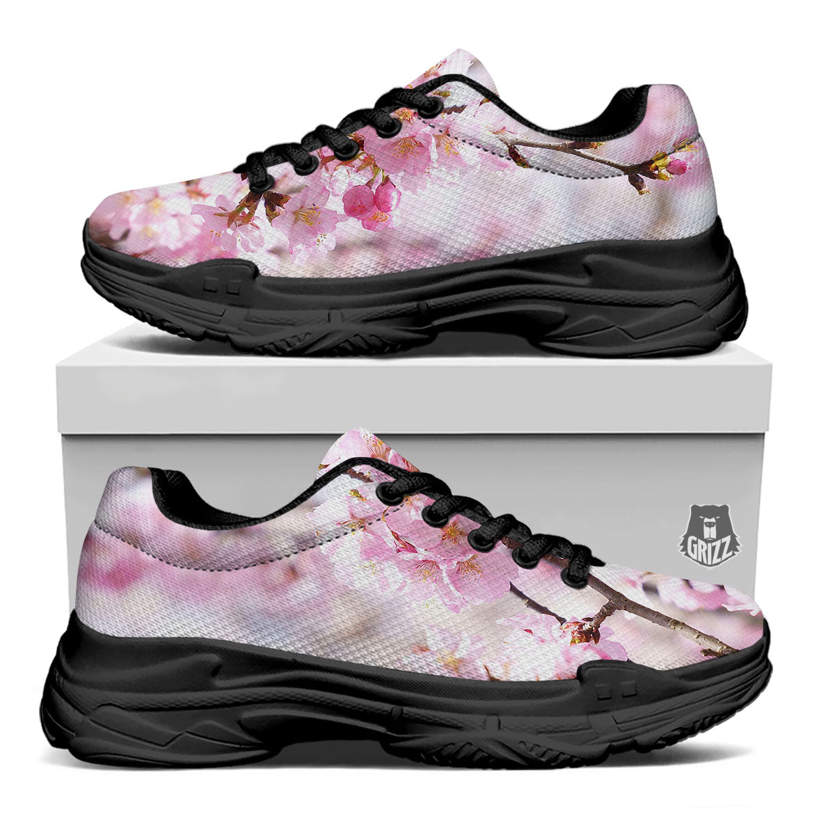 Blossom Spring Cherry Print Black Chunky Shoes-grizzshop