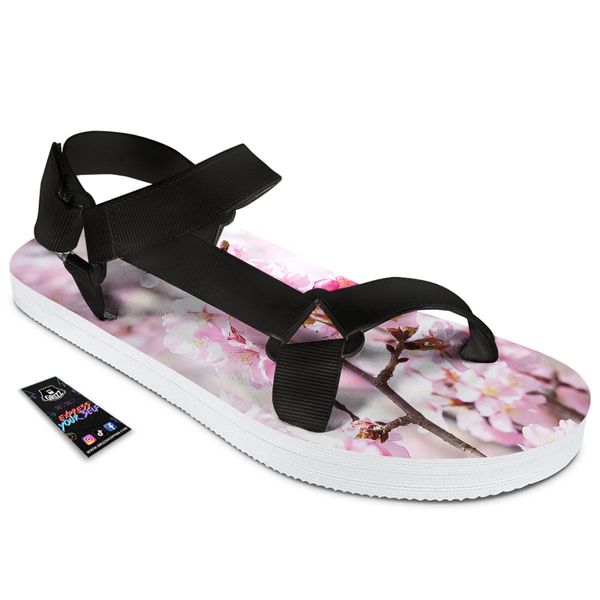 Blossom Spring Cherry Print Black Open Toe Sandals-grizzshop