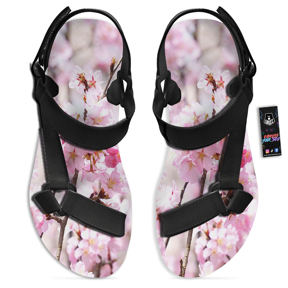 Blossom Spring Cherry Print Black Open Toe Sandals-grizzshop