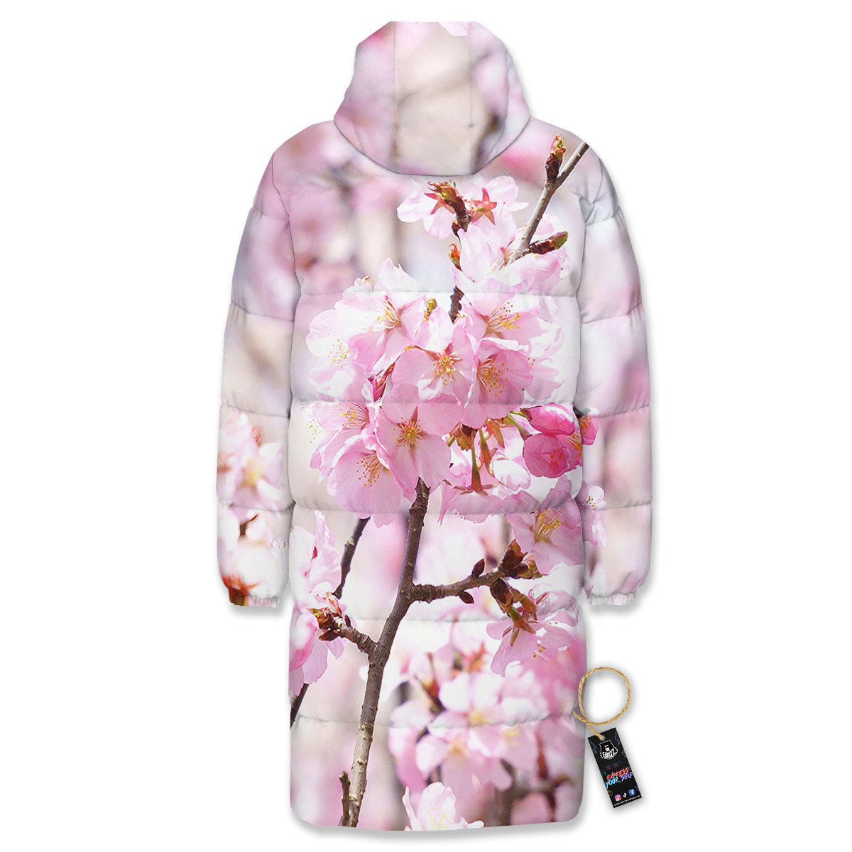 Blossom Spring Cherry Print Long Down Jacket-grizzshop