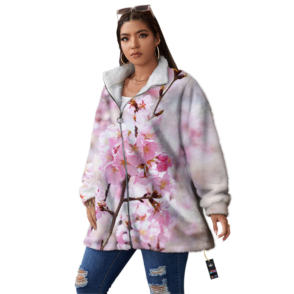 Blossom Spring Cherry Print Women's Sherpa Jacket-grizzshop