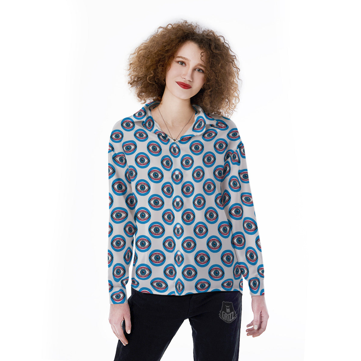 Blue Abstract Ophthalmology Print Pattern Women's Long Sleeve Shirts-grizzshop