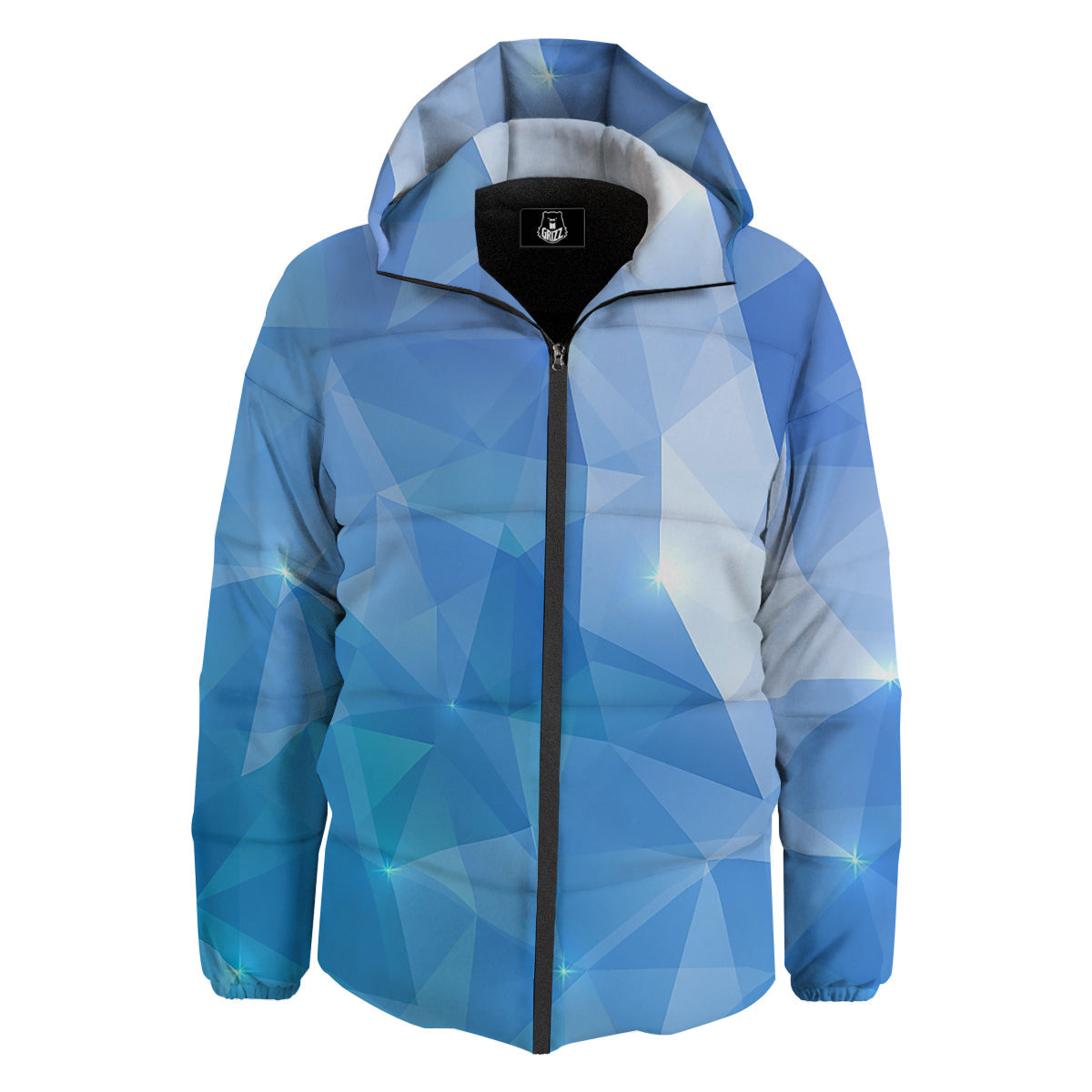 Blue Abstract Shining Ice Print Down Jacket-grizzshop