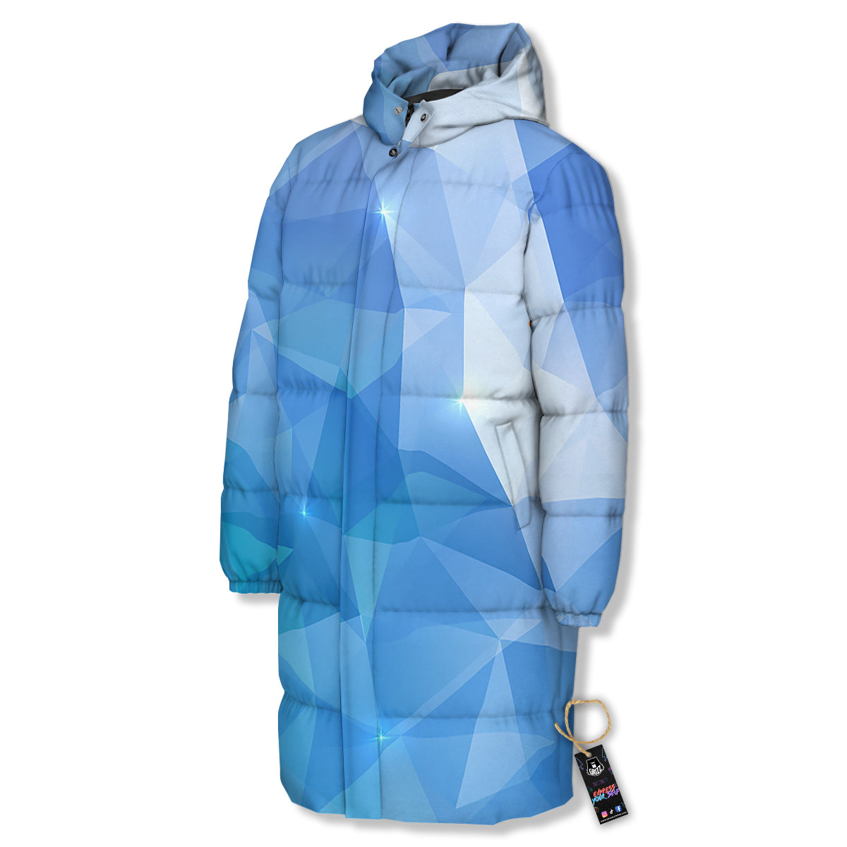 Blue Abstract Shining Ice Print Long Down Jacket-grizzshop