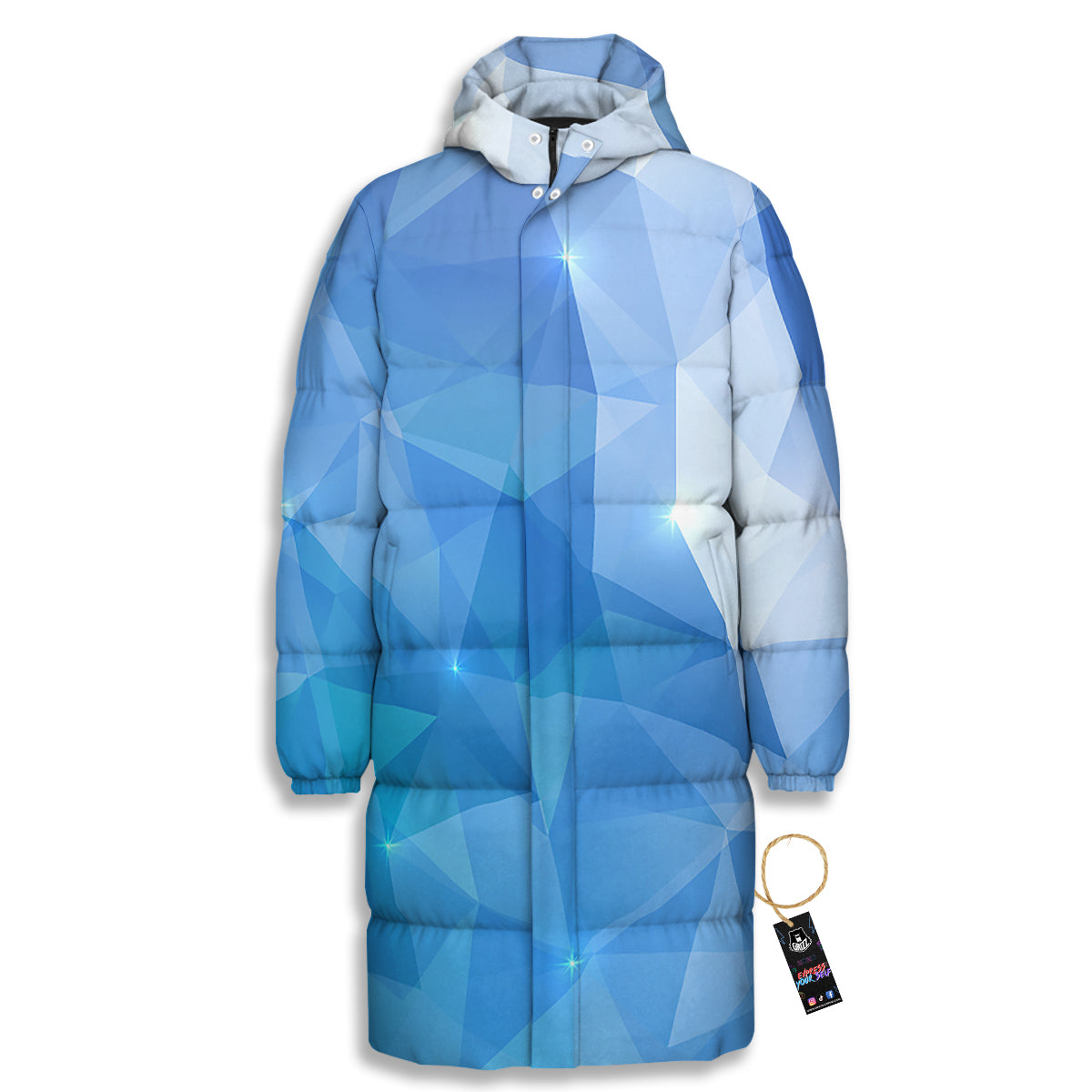 Blue Abstract Shining Ice Print Long Down Jacket-grizzshop