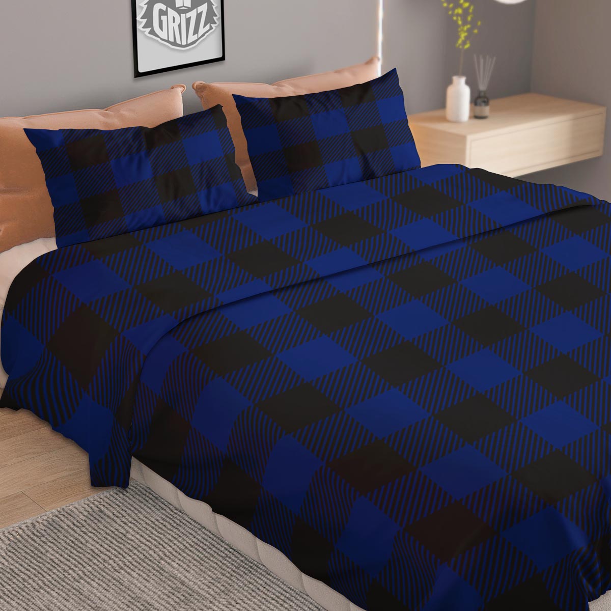 Blue And Black Steel Buffalo Check Print Pattern Duvet Cover Bedding Set