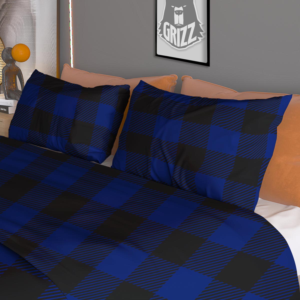 Blue And Black Steel Buffalo Check Print Pattern Duvet Cover Bedding Set