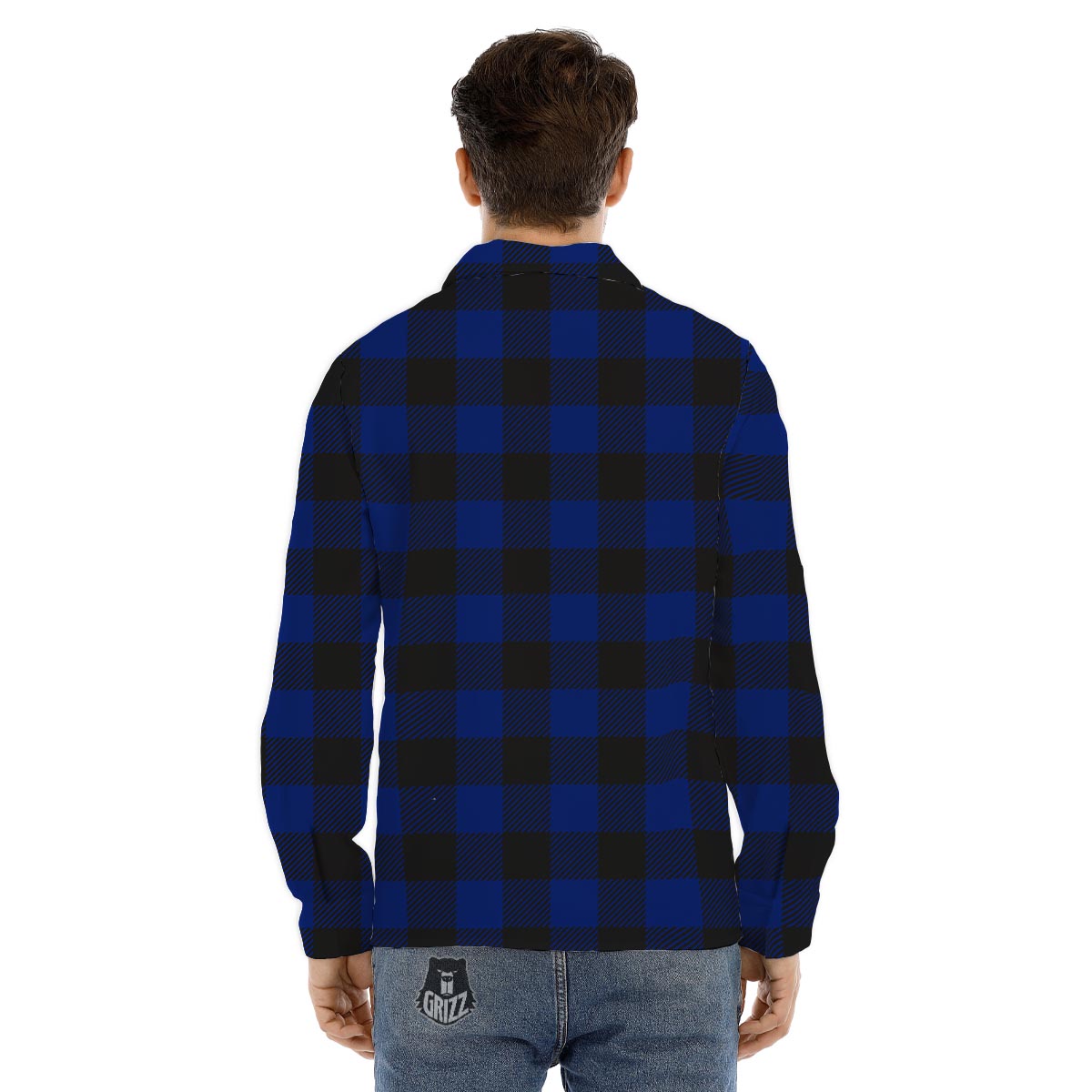 Blue And Black Steel Buffalo Check Print Pattern Men's Dress Shirts-grizzshop