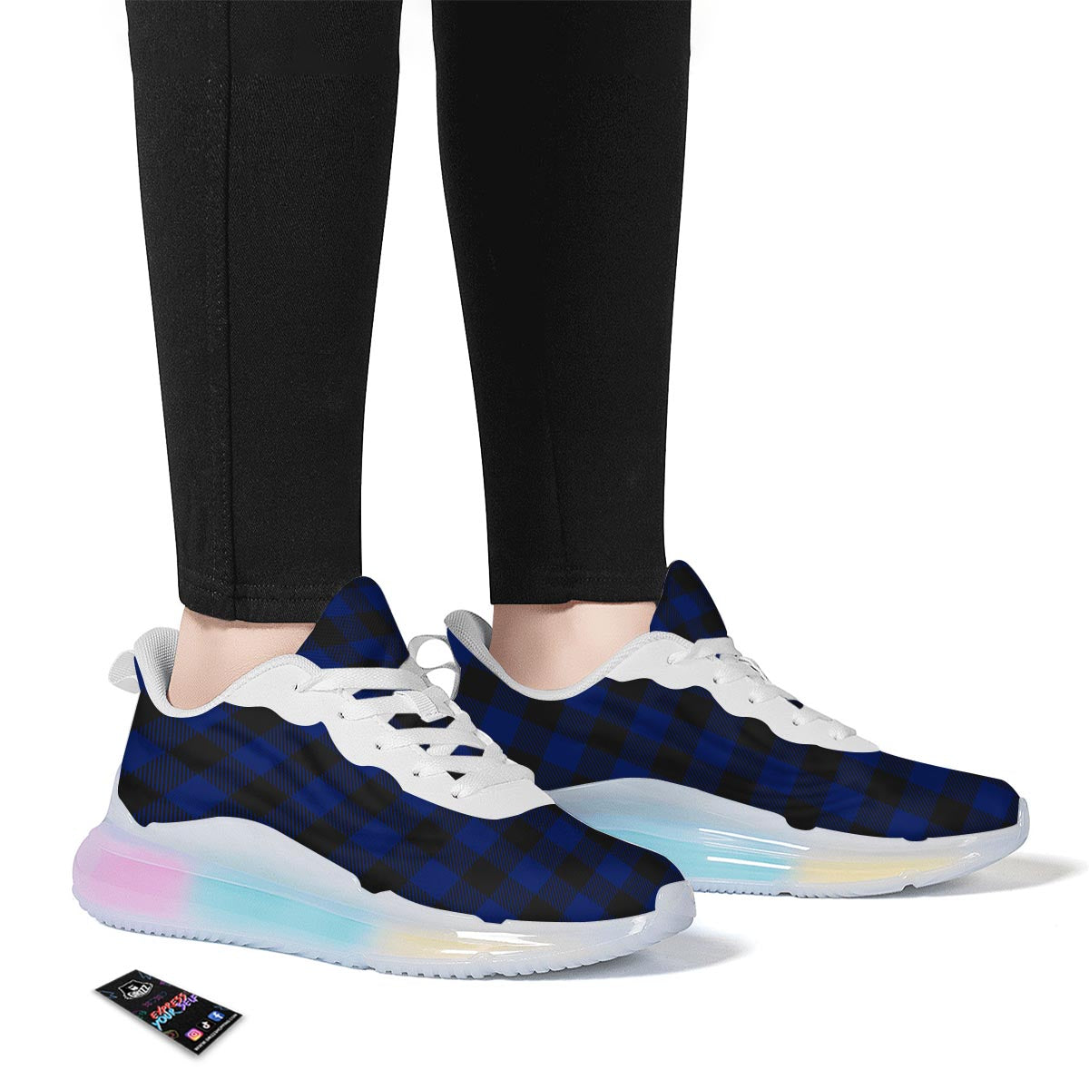 Blue And Black Steel Buffalo Check Print Pattern Running Sneakers-grizzshop