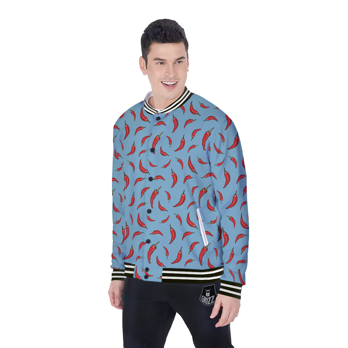 Blue And Chili Pepper Print Pattern Baseball Jacket-grizzshop
