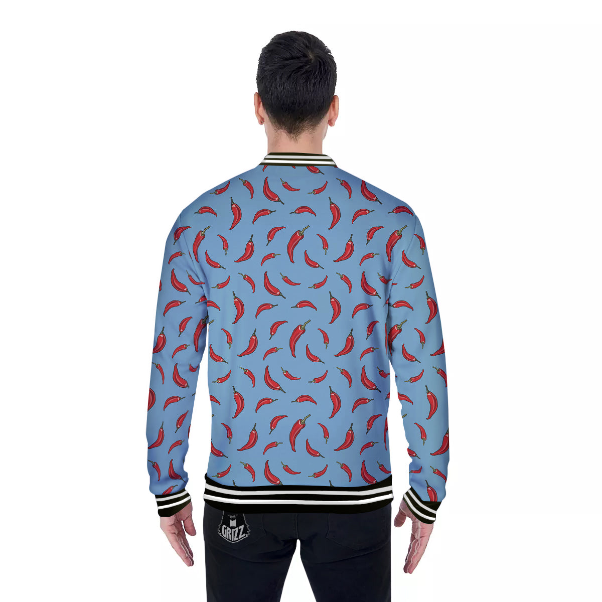 Blue And Chili Pepper Print Pattern Baseball Jacket-grizzshop