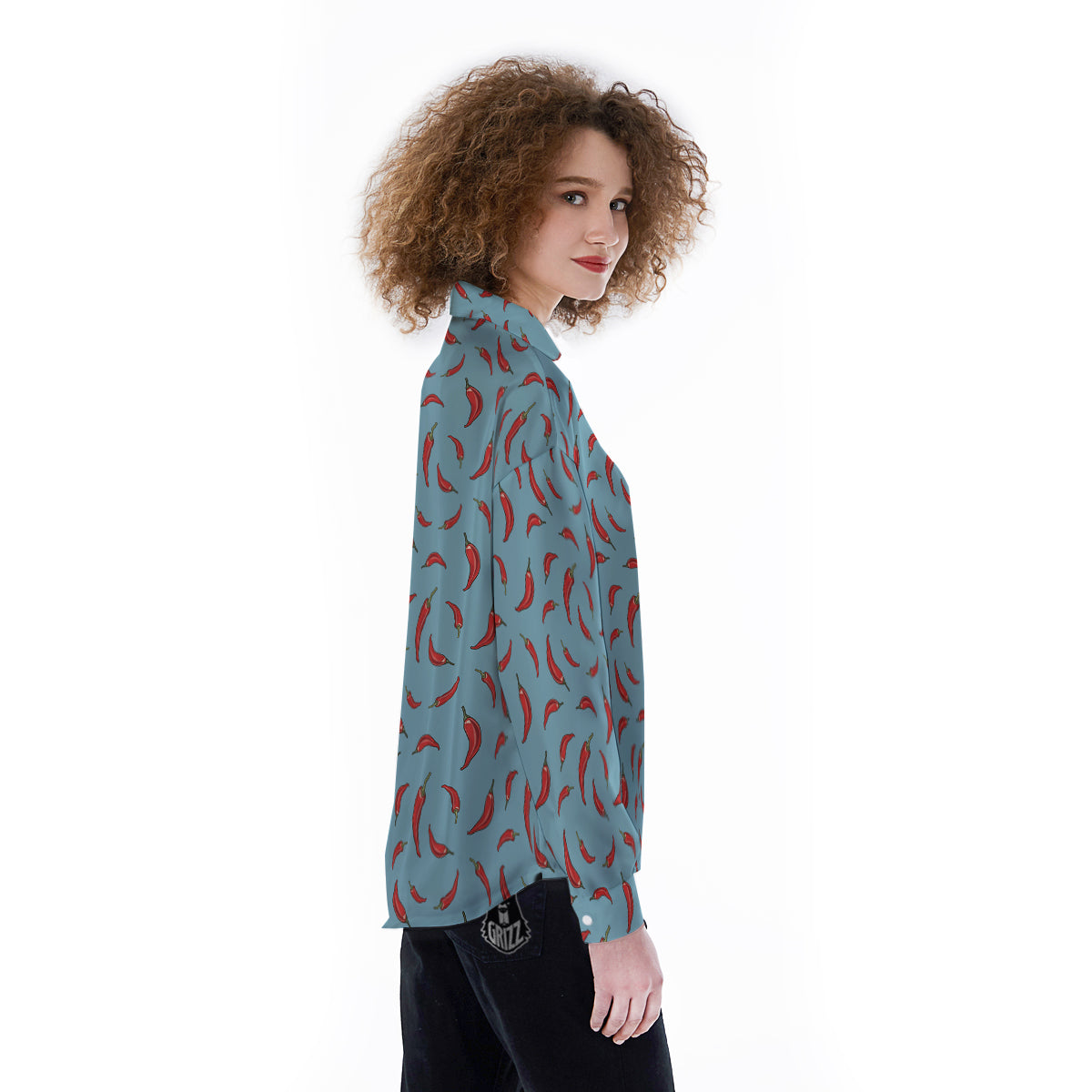 Blue And Chili Pepper Print Pattern Women's Long Sleeve Shirts-grizzshop