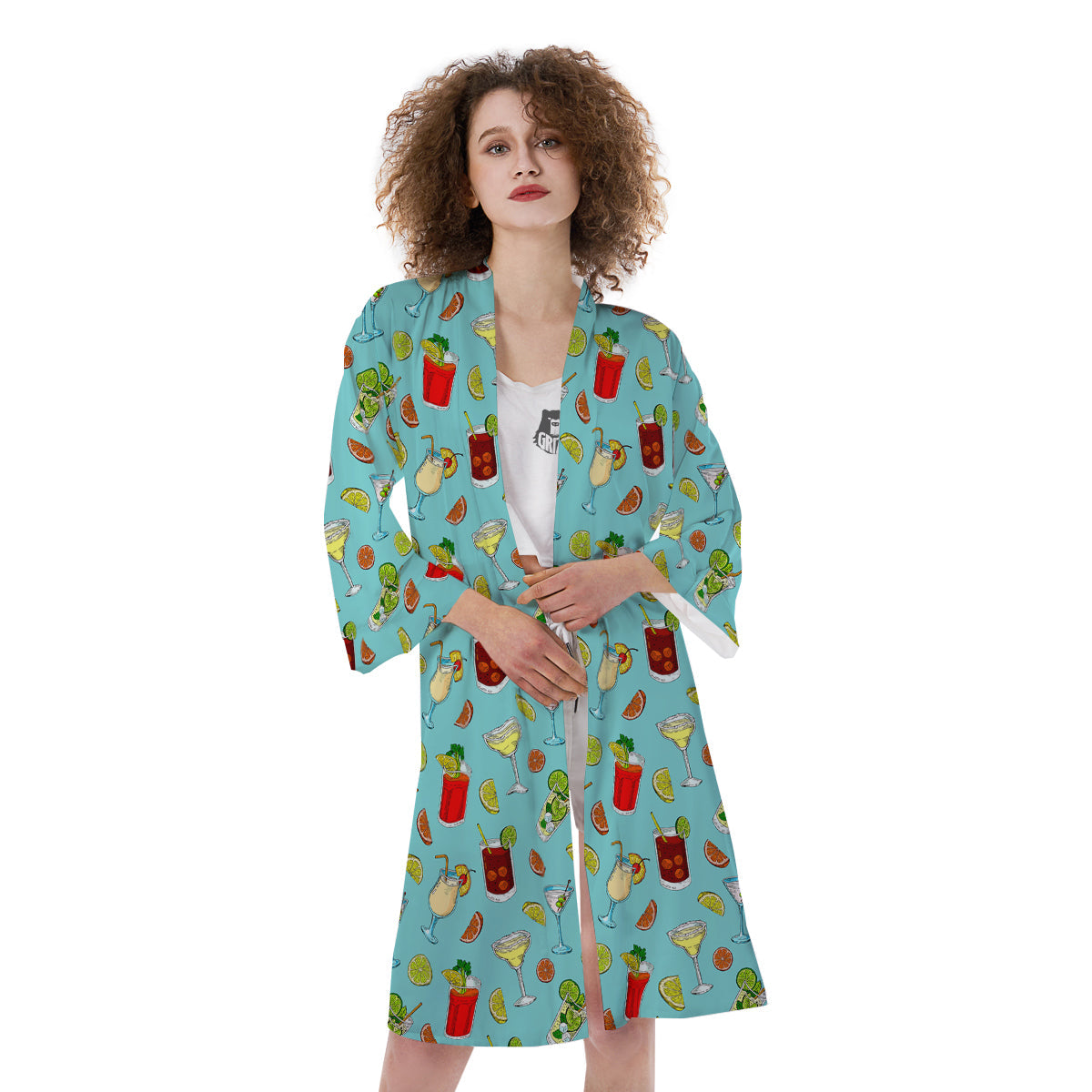 Blue And Cocktail Print Pattern Kimono-grizzshop