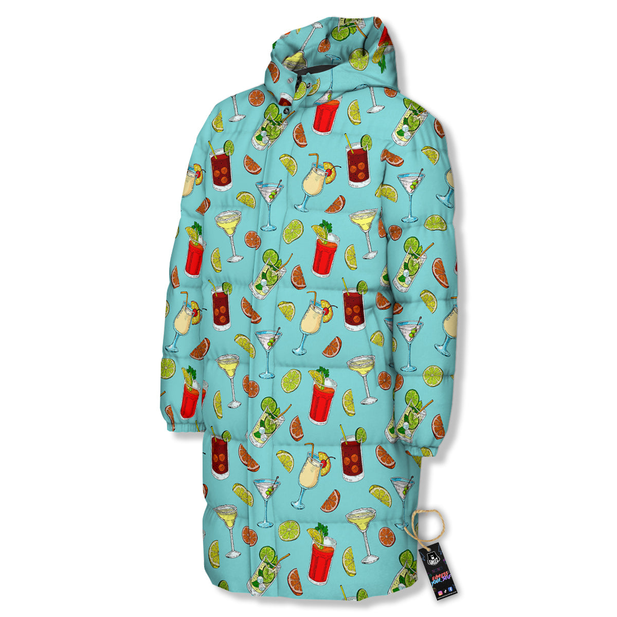 Blue And Cocktail Print Pattern Long Down Jacket-grizzshop