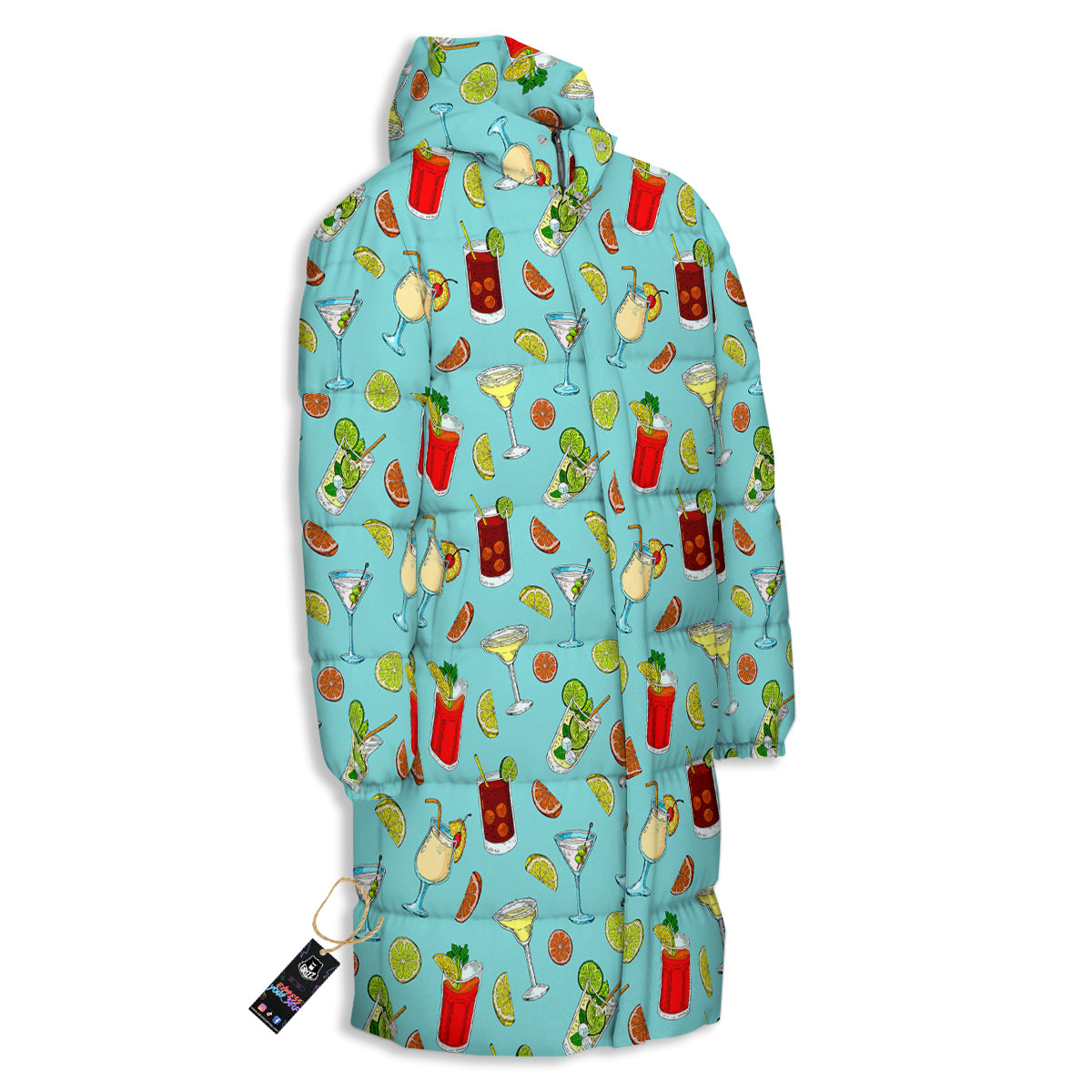 Blue And Cocktail Print Pattern Long Down Jacket-grizzshop