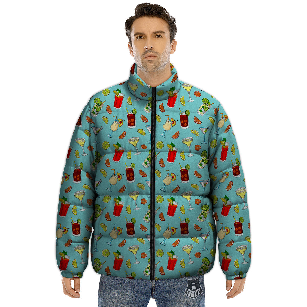 Blue And Cocktail Print Pattern Puffer Jacket-grizzshop