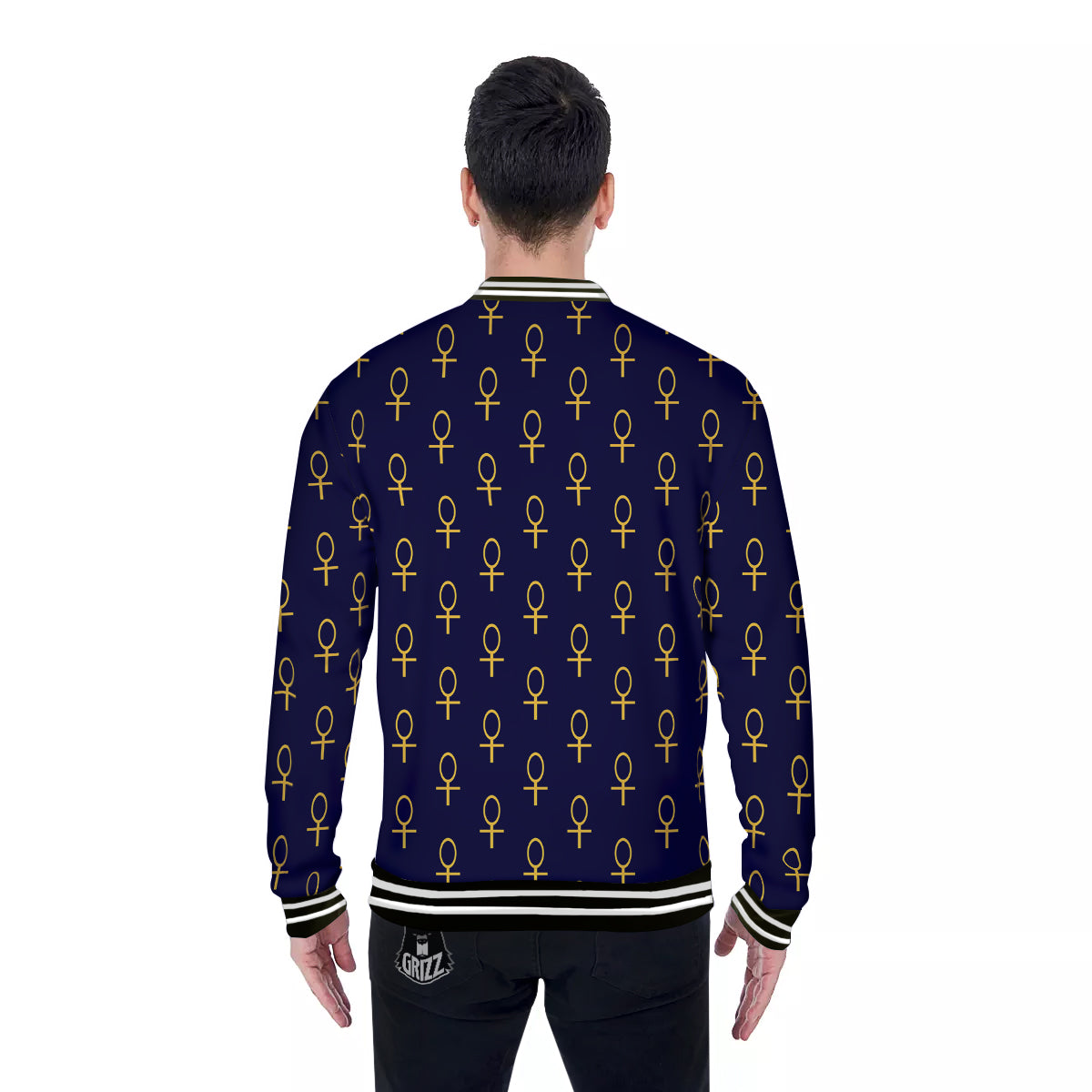 Blue And Gold Ankh Print Pattern Baseball Jacket-grizzshop