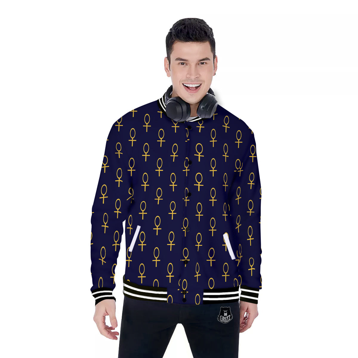 Blue And Gold Ankh Print Pattern Baseball Jacket-grizzshop