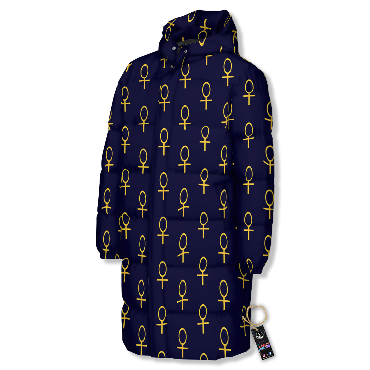 Blue And Gold Ankh Print Pattern Long Down Jacket-grizzshop